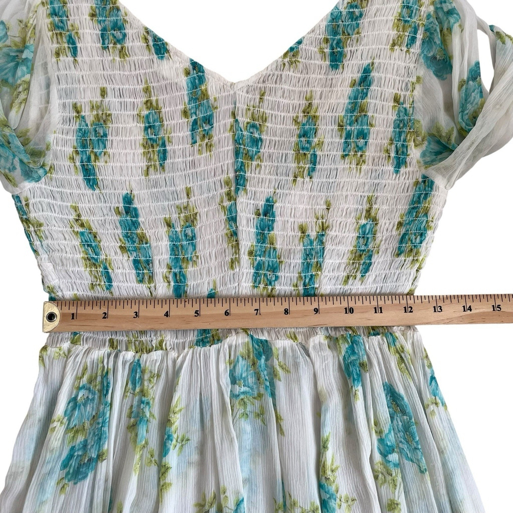 Zimmermann Silk Green White Floral Smocked Babydoll Mini Dress Size 1 M No Liner - Picture 10 of 16